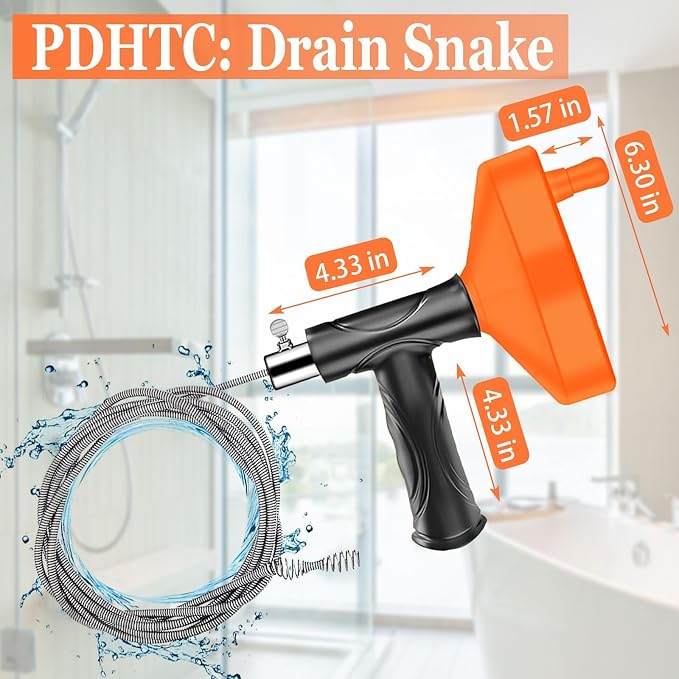 Drain Snake Auger, Plumbing Snake Drain Hair Clog Removal Tool, Sink Unclogger Drain, Heavy Duty Drum Auger, Cleaner Tool for Bathroom Kitchen Tub Shower Drain Clog Remover with Gloves (33 Feet)