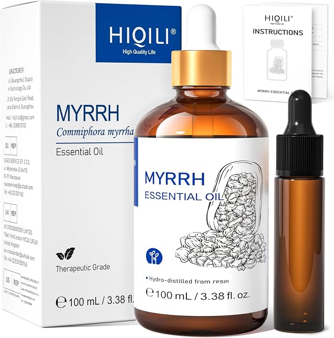HIQILI Myrrh Essential Oil for Skin, DIY Candle & Diffuser | Nourishing Skin Complexion, Creating Gentle Aroma Atmosphere for DIY Candle & Fragrance Crafting – 100mlL/ 3.38 fl oz