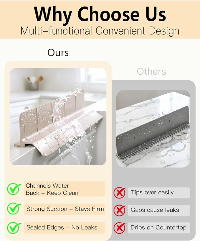 23 Inch Silicone Sink Splash Guard - Kitchen Sink Water Splash Guard with Strong Suction Cups, Removable Splash Guard for Sink, Washbasin & Bathtub - Creamy Apricot