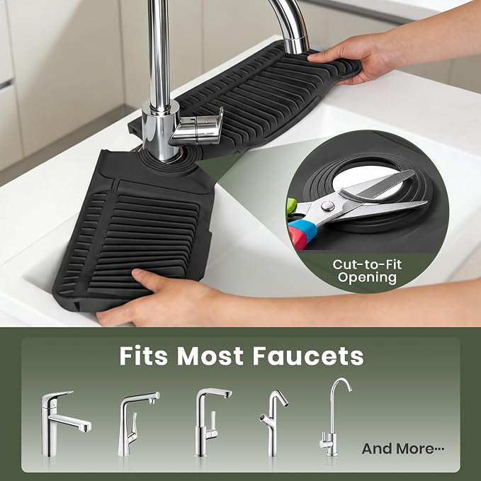 24 Inch Faucet Mat for Kitchen Sink, Silicone Splash Guard for Kitchen Sink Area, 7° Slope Fast Self-Draining Sink Mat, Cuttable Hole Design, Sink Backsplash Guard Draining Mat, Black