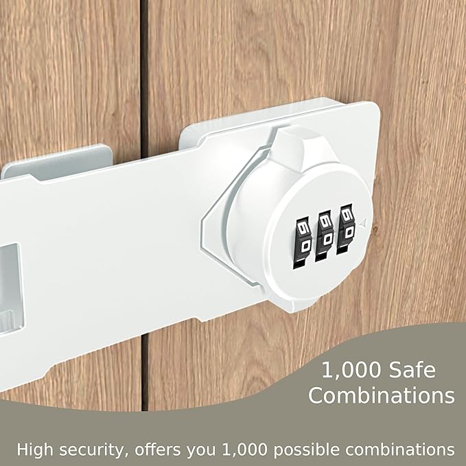 Keyless Combination Lock –3-Digit Combination Lock for Cabinet Doors – Twist Knob Hasp Latch Lock with Password Code – Zinc Alloy Cabinet Door Latch for Kitchen Drawers, Cabinets, Cupboard (White)