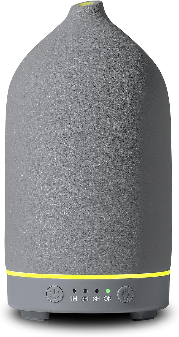 200ML Ceramic Essential Oil Diffuser for Home, Stone Diffuser | Ultrasonic Aromatherapy Diffuser & Air Humidifier for Bedroom, Office, Yoga, 7 LED Lights, Auto Shut-Off, 3 Timers, Grey