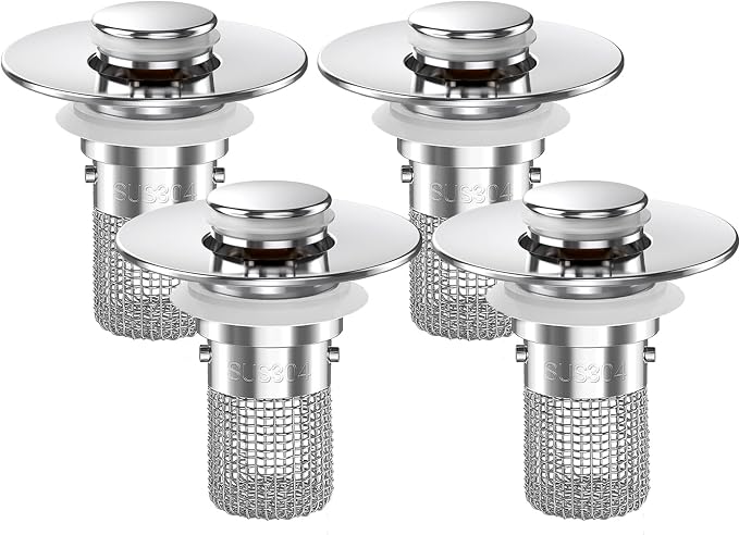 Bathroom Sink Drain Strainer,(4PCS) Pop-up Sink Drain Strainer with Removable Stainless Steel Strainer Basket Hair Catcher, Bathroom Sink Strainer for Bathroom Sink Stopper Replacement