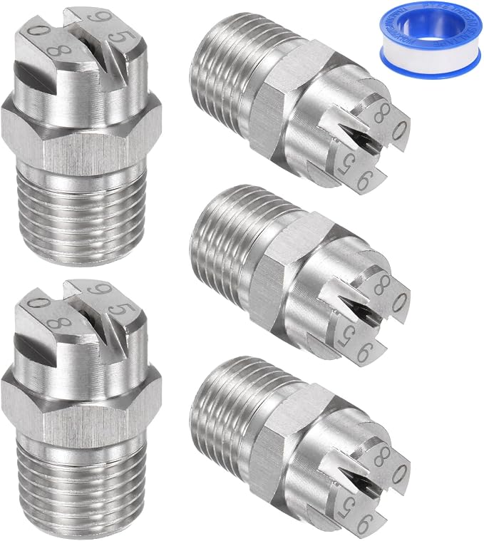 M METERXITY 5-Pack Flat Fan Spray Tip, 95 Degree 1/4BSPT Male Stainless Steel Pressure Washer Nozzles Cleaner Nozzle Replacement W Sealing Tape for Water Guns (1.8mm Orifice)