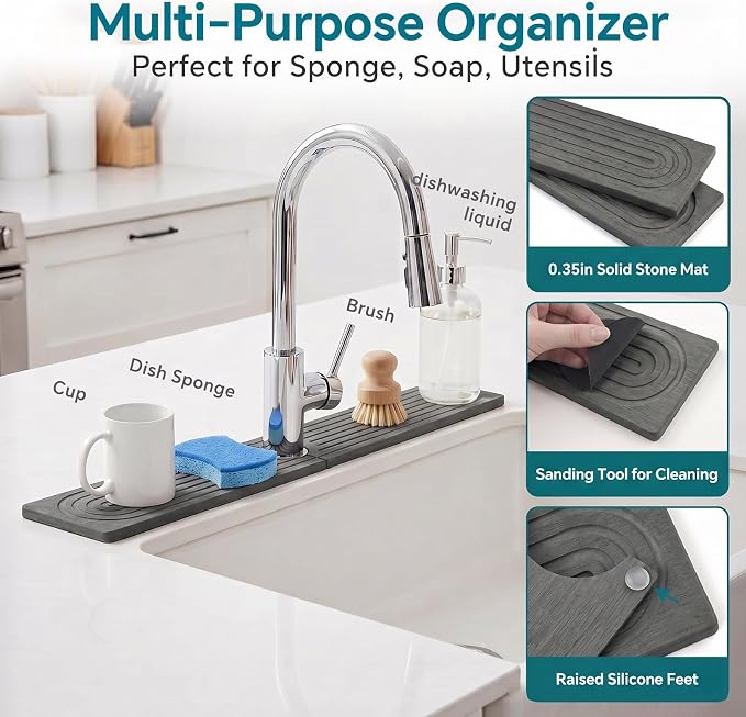 Stone Faucet Mat for Kitchen Sink-Diatomite Drying Stone Mat& Sink Protector,Quick Dry Water Absorbing Stone Tray ,Sink Splash Guard for Kitchen Counter & Bathroom Counter (Dark Grey, 23.6"X3.9")