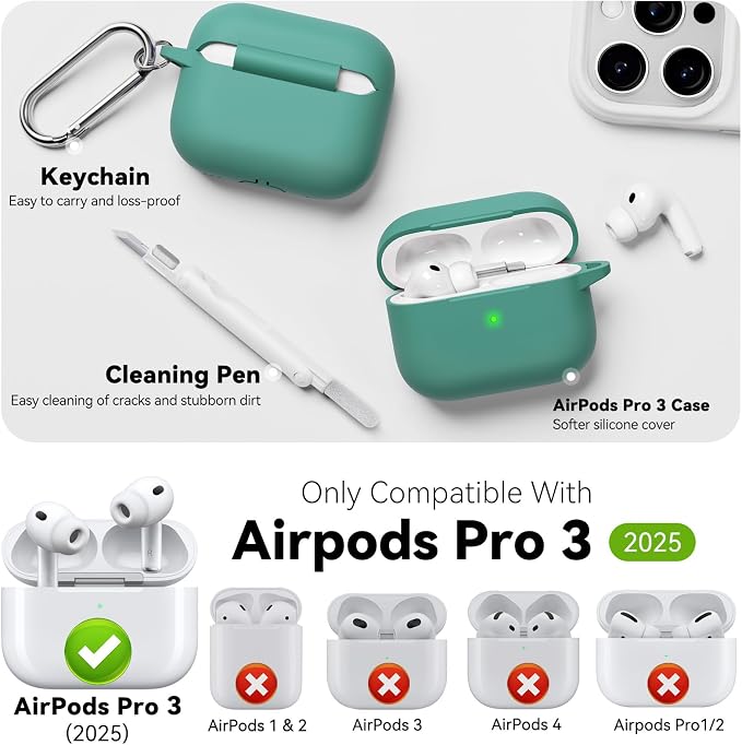 for AirPods Pro 3 Case 2025,Come with Cleaner Kit,Pine Green | Silicone Protective Cover for Airpod Pro 3rd Generation Case with Keychain,for Women Men,One-Piece Design,Shockproof