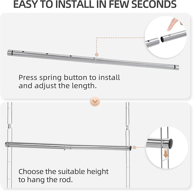 STORAGE MANIAC Hanging Closet Rod, Adjustable Width and Height Closet Hanging Organizer, Space-Saving Clothes Hanging Bar, Closet Extender Hanging Rod Double Closet Hanging Rod, 2 Pack Chrome
