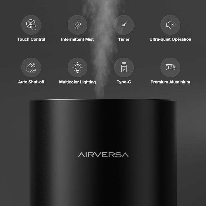 Airversa RD1 Waterless Diffuser for Essential Oil for Home, Room, Black | Up to 600 sq ft, Battery Operated, 100mL Capacity, Multi-mode Ambient Light, Mist Level and Timer Settings, Cold Air