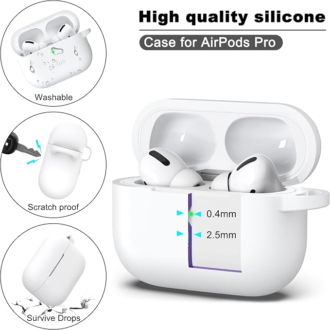 R-fun for AirPods Pro 2 Case, Soft Silicone Protective Cover with Keychain and Cleaning Pen, Compatible with AirPods Pro 2nd/1st Generation, Supports Wireless Charging, White