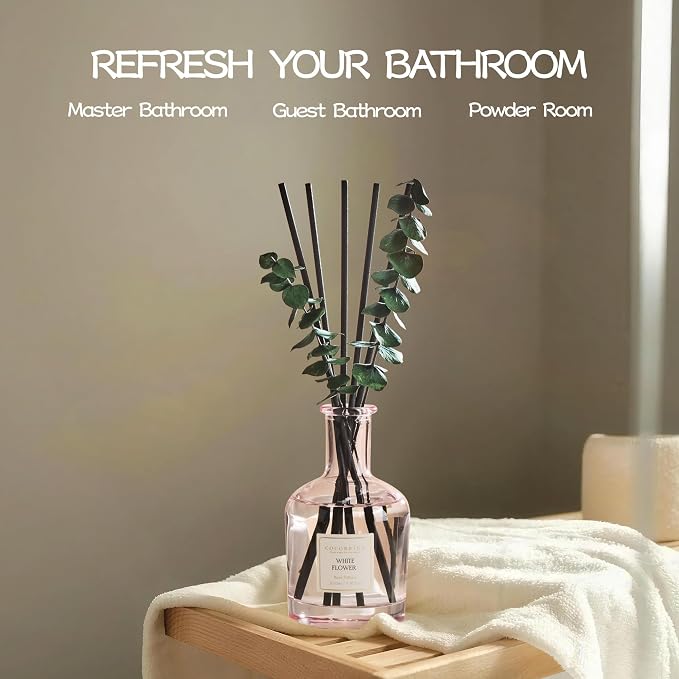 White Flower Reed Diffuser, 6.76 oz | Real Dried Eucalyptus Leaves, 8 Reeds, Long-Lasting Essential Oil, Home Fragrance, Bedroom or Bathroom Décor