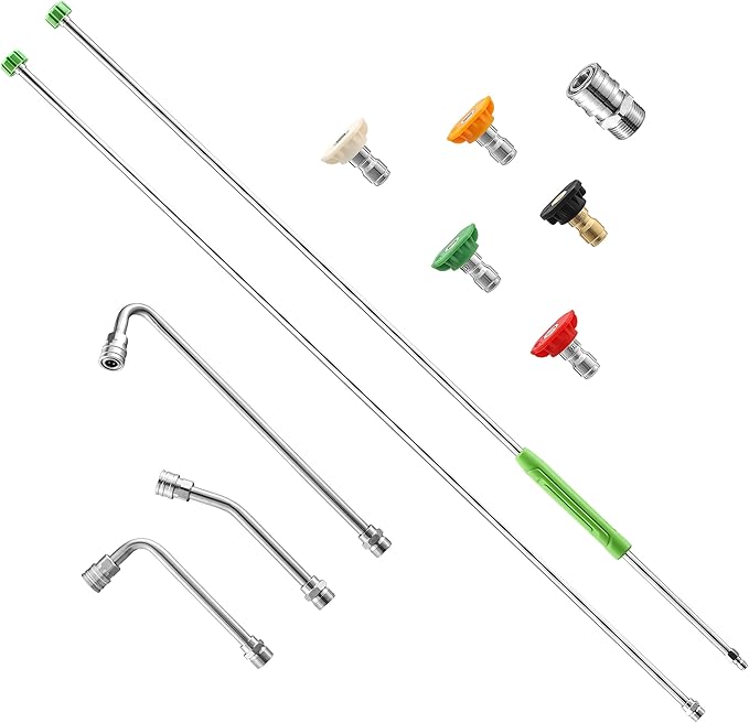 Pressure Washer Extension Wand, 120" Power Washer Lance | With Molded Grip, 30°, 90°, 120° Curved Rod, 5 Spray Nozzle Tips, 1/4" Quick Connect, 4000 PSI