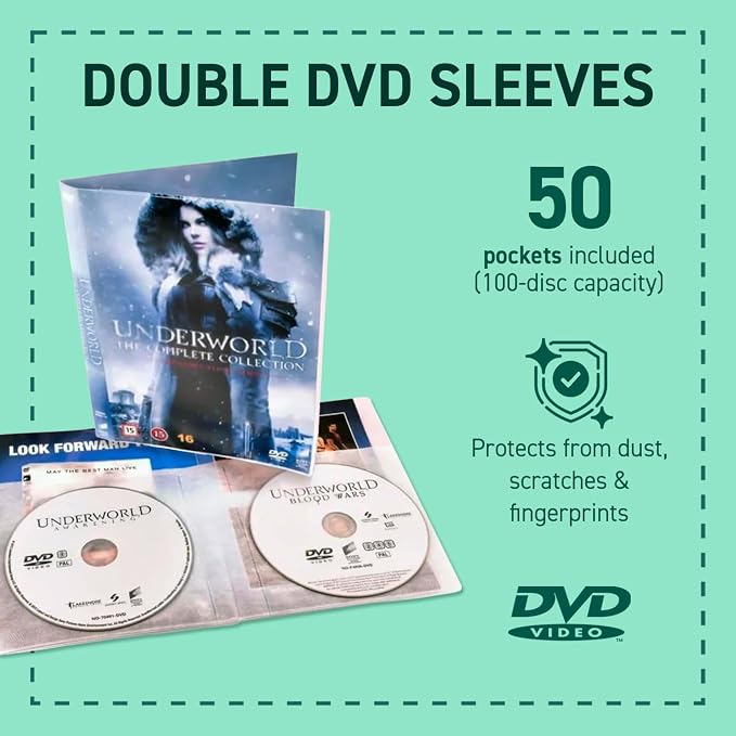 Tarifold Double DVD Storage Sleeves with Felt, Holds 2 Discs, 50 Pack | Holds 2 DVDs, cover art and booklet, protective felt insert, durable polypropylene, scratch resistant, saves up to 70% space