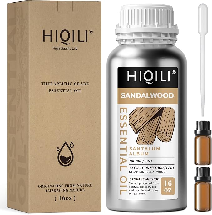 HIQILI Sandalwood Essential Oil Long-Lasting Scent for Skin Care & Diffuser | Large Capacity for DIY Perfume Blending & Full-Body Massage, Ideal for Hotels, DIY Studio, Beauty Salon, Sauna - 16 fl oz