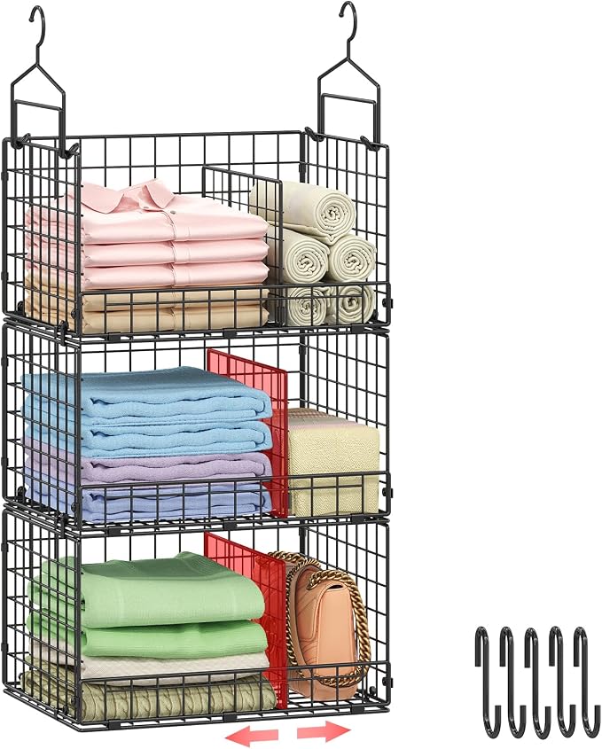 Sonyabecca 3-Tier Extra Large Closet Hanging Organizer with Dividers, Clothes Hanging Shelves with 2 Hanging Hooks & 5 S-Hooks, Wire Storage Baskets for Sweaters, Shoes, Handbags & Accessories