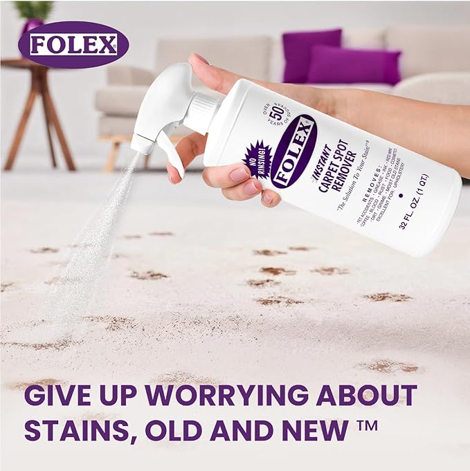 FOLEX Instant Carpet Spot Remover 32 oz – Powerful Stain Remover for Carpets, Upholstery & Rugs – Eliminates Pet Stains, Grease, Red Wine, Food, Makeup & More – With Reusable Cleaning Cloth – 5 Pack