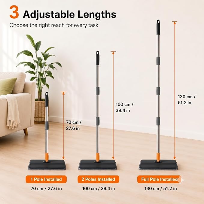 Microfiber Flat Mop for Floor Cleaning, Foldable Floor Mop with 2 Washable Pads & Hair Removal Comb, Adjustable Long Handle Dust Mop for Hardwood Tile Laminate, Wet & Dry Baseboard Cleaner