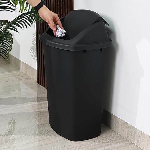 4-Pack 13 Gallon Plastic Swing Top Trash Can, Lidded Wastebasket Garbage Can for Kitchen, Garage, or Workspace, Black