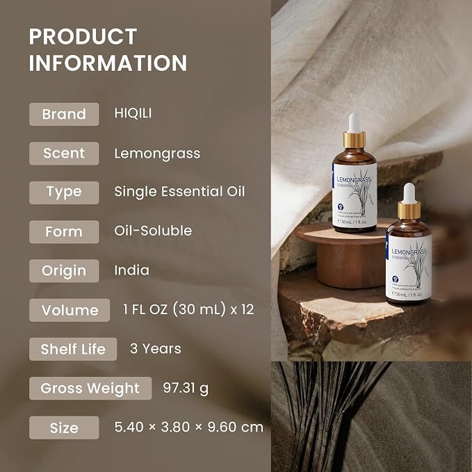 HIQILI Lemongrass Essential Oil Set, Bulk Wholesale for Business | Ideal for DIY, Diffusing, Protection, Skin & Massage, for Craft Shops, Hotels, Outdoors & Spas - 30mL / 1 fl oz (12 pack)