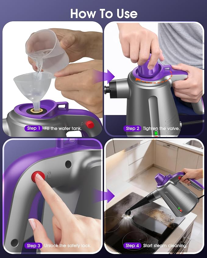 Handheld Steam Cleaner for Home, Steamer for Cleaning Purple | Upholstery Bed Furniture Couch Carpet Car Pressurized Multi Purpose 14 Accessories & Safety Lock, Small Container for Grease
