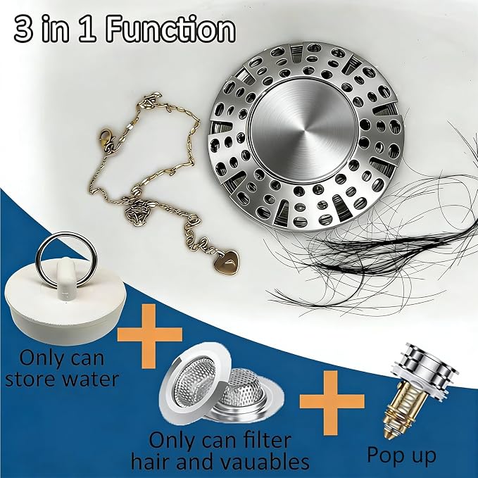 AzWzz Bathtub Drain Stopper, Pop Up Tub Stopper Plug with Bathtub Drain Hair Catcher Cover, Universal for 1.45 in to 1.8 in Tub Drain, Brushed Nickel