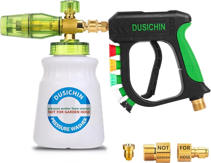 Pressure Washer Accessory Short Handle Foam Cannon | 3000 PSI Car Wash Kit Snow Foam Lance Snubby Gun Sprayer 1/4" Quick Connector 5 Nozzles M22-14mm Fitting 1L Bottle DUS2702