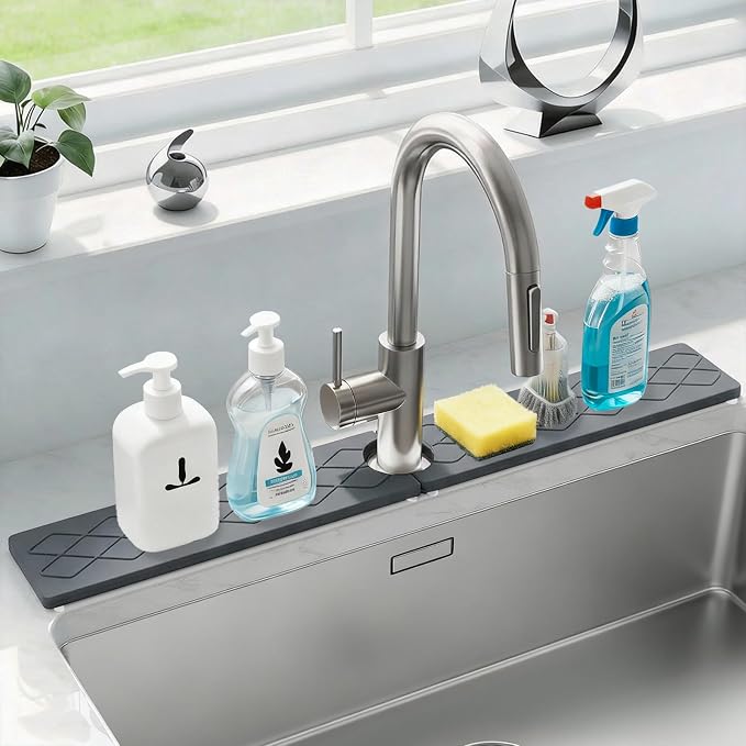 Stone Faucet Mat for Kitchen Sink, Quick-Dry Non-Slip Drying Tray, Diatomite Drying Stone Mat Sink Protectors, Prevent Moisture for Kitchen Bathroom Counter, Matte black, 23.6" x 4"