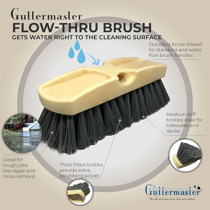 Guttermaster Grey Flow Through Essential Flagged-End Brush Head, 8-Inch | GM-214P-8 Oblong medium stiff bristle brush for floor, desk scrub, compatible with pole handle