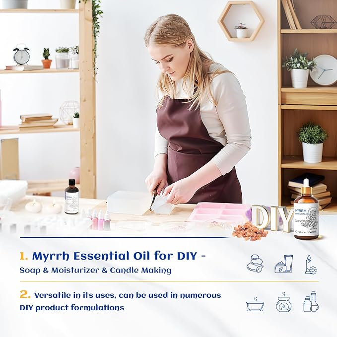 HIQILI Myrrh Essential Oil for Skin, DIY Candle & Diffuser | Nourishing Skin Complexion, Creating Gentle Aroma Atmosphere for DIY Candle & Fragrance Crafting – 100mlL/ 3.38 fl oz