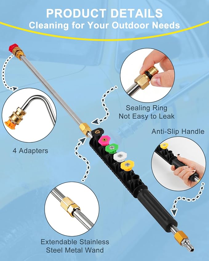 Pressure Washer Extension Wand 120", Gutter Cleaner Attachment | 10 Pc Power Washer Lance with 6 Atomization Nozzle Tips,1 Gutter Cleaner Attachment Curved Rod, 1/4" Quick Connect, 4000 PSI