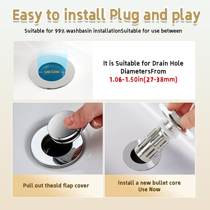 2 Pack Bathroom Sink Stopper for 1.06-1.50in (Silver) | Bathroom Sink Drain Pop Up Stopper with Hair Strainer, Universal Drain Filter for US Stainless Steel Floor Drain Filter
