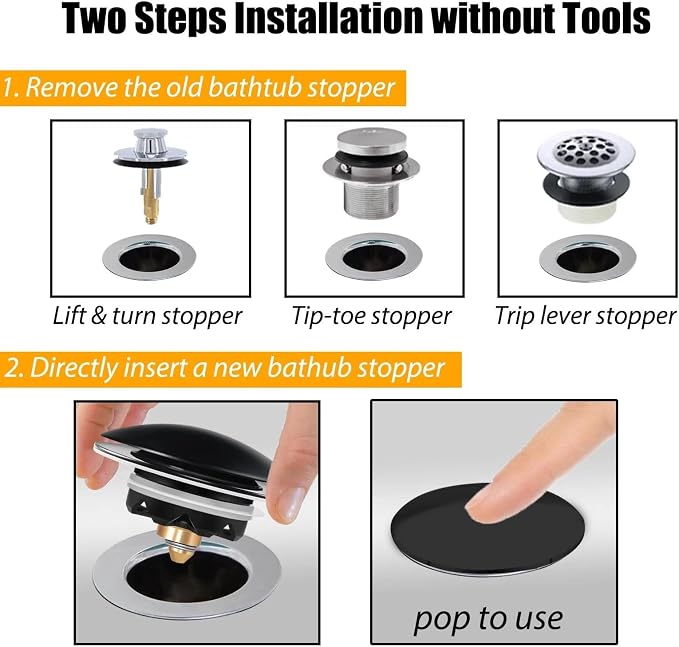 Anlige Bathtub Drain Stopper, Pop Up Tub Stopper and Cover, Bottom with Hair Catcher, Universal for 1.45 to 1.8in Drain, Replaces Old Drain Plug, Matte Black