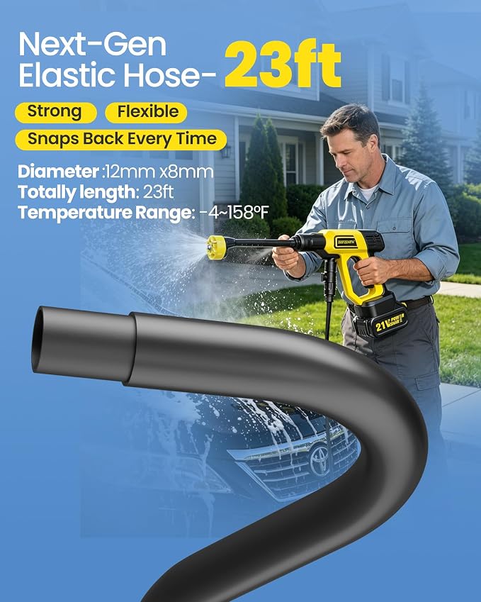 Cordless Portable Washer, Battery Operated Handheld Washer with 21V Battery & Charger, 990 PSI, 6-in-1 Nozzle, Foam Pot, 23FT Hose, Car Washer for Home Garden Patio Driveway (IgnitedYellow-Black)