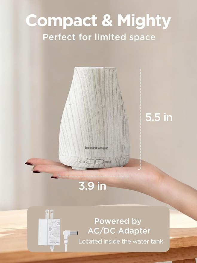 InnoGear Essential Oil Diffuser Ultrasonic Diffusers for Home, White Grey | Cool Mist Humidifier, Aromatherapy, Large Room, Run up to 8hrs, Waterless Auto Off, 7 Lights, Living Room, Quiet Operation