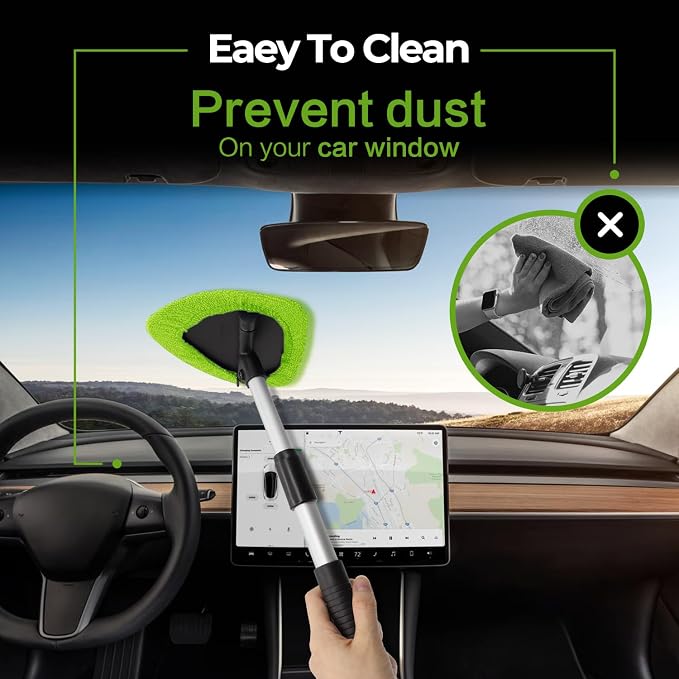Windshield Cleaner Tool 22.5" L - Car Interior&Exterior Window Cleaning Kit with Extendable Handle&4 Microfiber Pads and Thick Large Wash Sponge, Auto Glass Wiper Brush Kit for Cars Home (7pcs Green)
