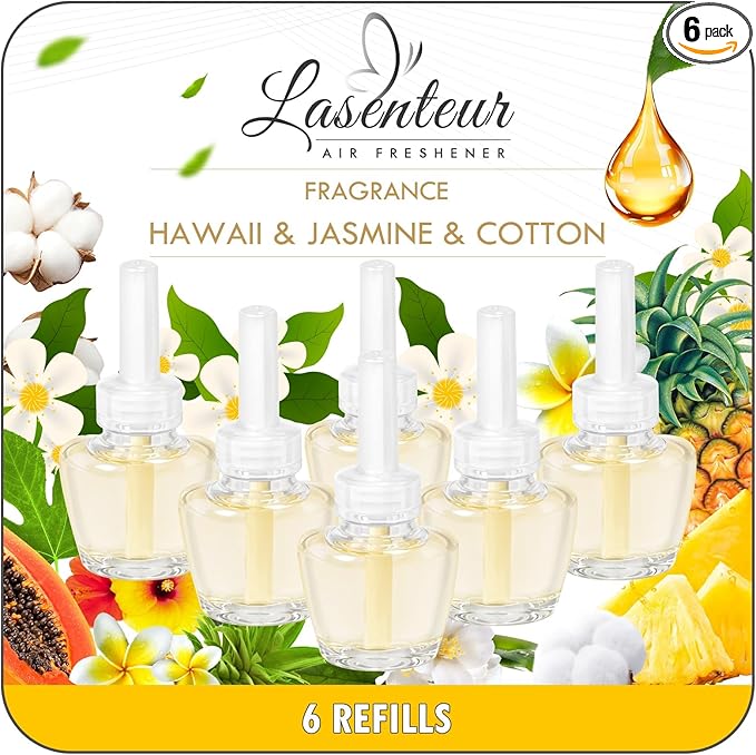 Plug-in Air Freshener Refills - Hawaiian Jasmine Cotton Scented Essential Oil Refills 6 Count Long-Lasting Fragrance - For Room and Bathroom, Compatible with Air Wick,Compatible with Glade