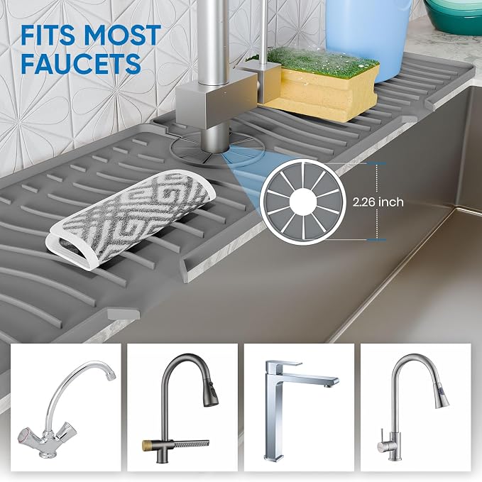 24 Inch Longer Faucet Mat for Kitchen Sink, Silicone Sink Faucet Mat Splash Guard 5° Slope Premium Kitchen Sink Splash Faucet Guard, Fast Self-Draining Mat (Grey)