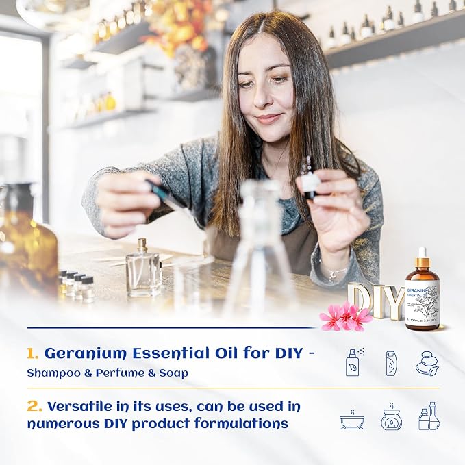 HIQILI Geranium Essential Oil for Skin Care & Aromatherapy diffusing | Calming Scent for Meditation & Relaxation, Ideal for Hair Care, Massage, DIY Candles & Air Freshening - 100ml / 3.38 fl.oz