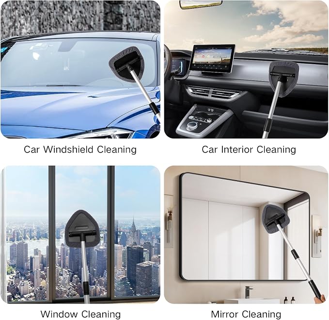 Qydipclin 7pcs Windshield Cleaner Tool Car Window Cleaning Wash Kit with 4 Reusable Microfiber Pads 1 Spray Bottle and Extendable Handle Auto Glass Wiper Kit, Blue&Gray
