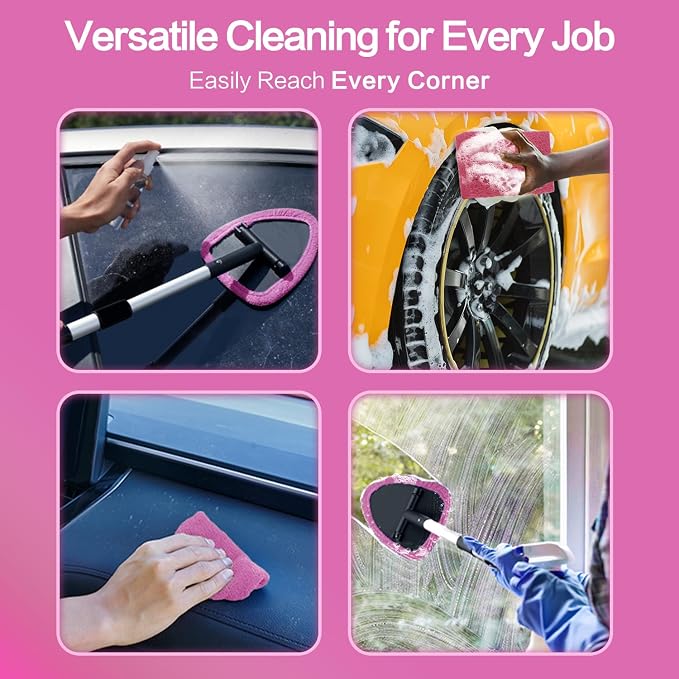 Windshield Cleaner Tool 22.5" L - Car Interior&Exterior Window Cleaning Kit with Extendable Handle&4 Microfiber Pads and Thick Large Wash Sponge, Auto Glass Wiper Brush Kit for Cars Home (7pcs Pink)