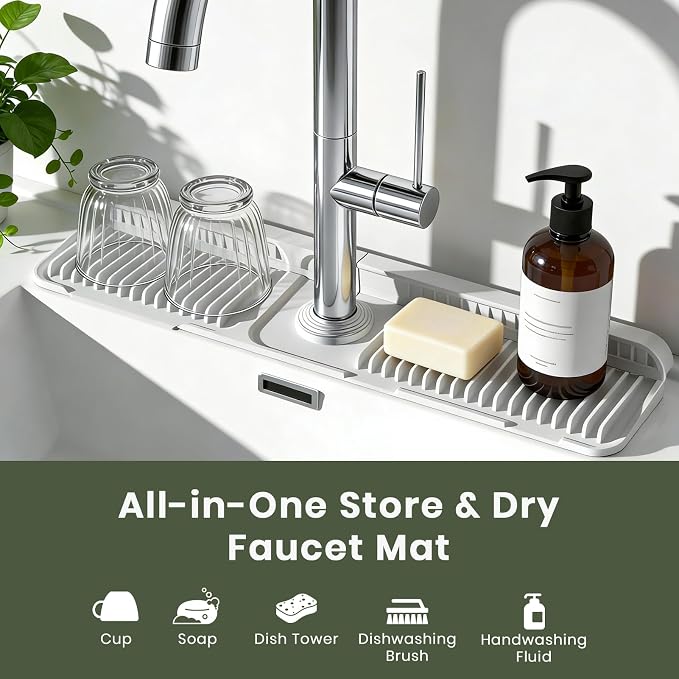 2PCS 24 Inch Faucet Mat for Kitchen Sink, Silicone Splash Guard for Kitchen Sink Area, 7° Slope Fast Self-Draining Sink Mat, Cuttable Hole Design, Sink Backsplash Guard Draining Mat, Light Grey