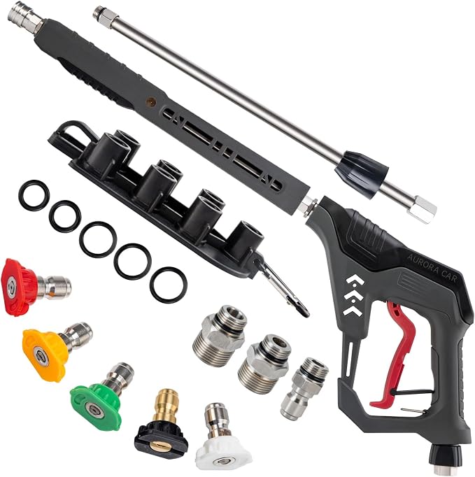 AURORA CAR Pressure Washer Gun with Swivel, with Replacement Wand Extension | 5000PSI Power Washer Gun with M22 14mm & 15mm Fitting, 3/8" Quick Connect Plug, 5 Nozzle Tips with Nozzle Holder, 41 Inch