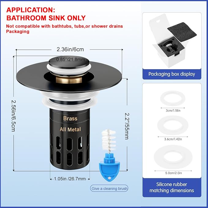 (All Metal) Bathroom Sink Stopper, Pop Up Drain Strainer for Bathroom Sink, Sink Plug Hair Catcher, Silent Popper Core w/Removable Filter Basket,Fit 1.05~2.0''Basin (Matte Black, 2 Pack)