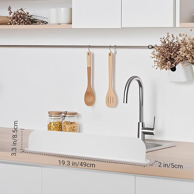 19.3 inch Silicone Sink Splash Guard, Splash Guard for Kitchen Sink Area, Backsplash Protector for Kitchen Countertop & Bathroom Bathtub with Non-Slip Strong Suction, White