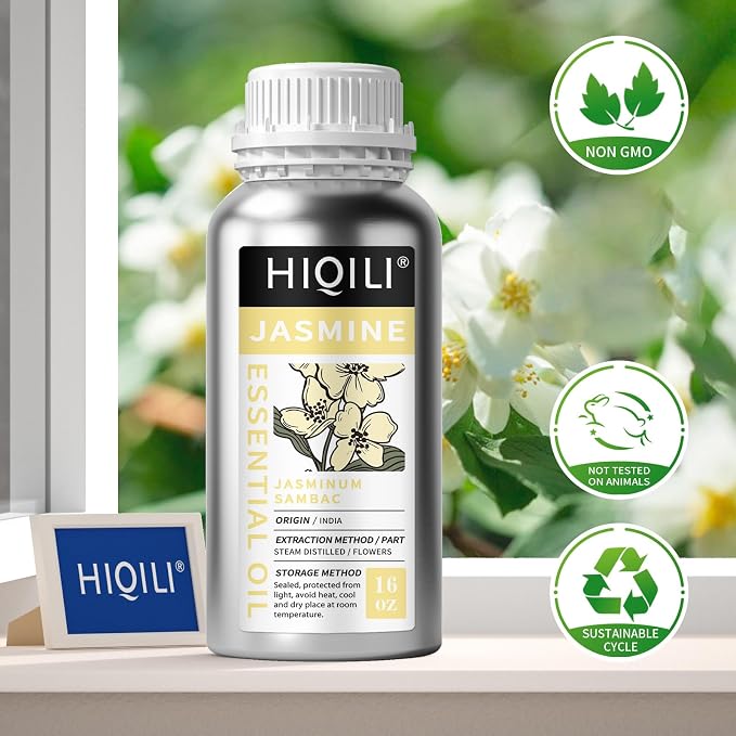 HIQILI Jasmine Essential Oil for Diffuser, Hair & DIY Perfume | Soft Floral Scent For Massage, Nourish Hair & Complexion, Ideal For Diffuser & Fragrance Crafting - 500ML / 16 Fl Oz