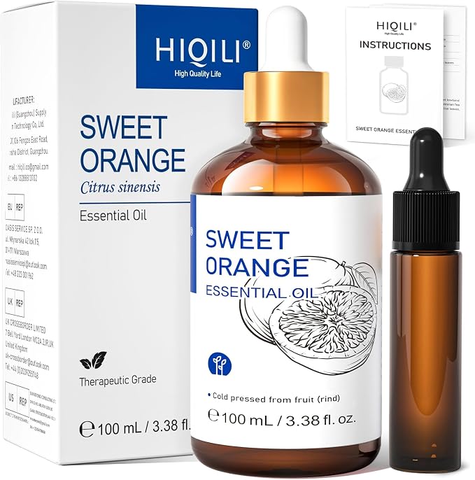 HIQILI Sweet Orange Essential Oil for Skin Care & Diffusers | Includes a Travel Bottle, Fresh Citrus Scent for DIY Dryer Balls & Cleaning Spray, Air Freshener – 100mL / 3.38 fl oz