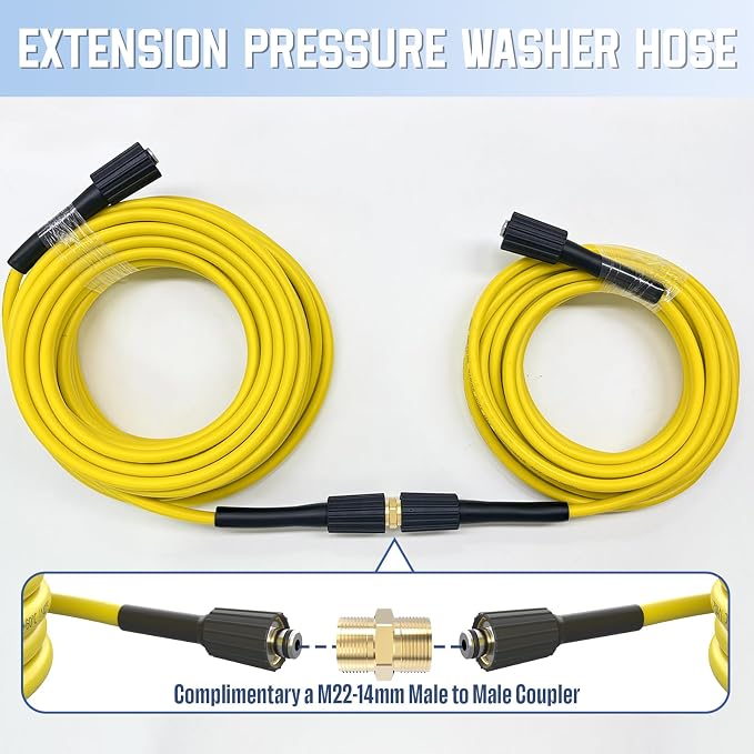PVC Pressure Washer Hose 25 FT x 1/4", Kink Resistant Power Washer Hose, High Pressure Water Hose Extension Replacement for Home Use with M22-14mm Brass Fittings, 3300 PSI, Yellow