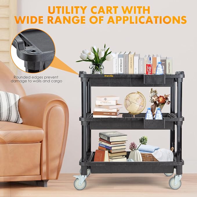 ELAFROS Multi-Use Utility Cart - 32.4x18.3 Heavy-Duty Service Cart with 3 Deep Shelves, Industrial-Grade Tool Cart Mobile Organizer, Rolling cart Holds up to 500 lbs, Black