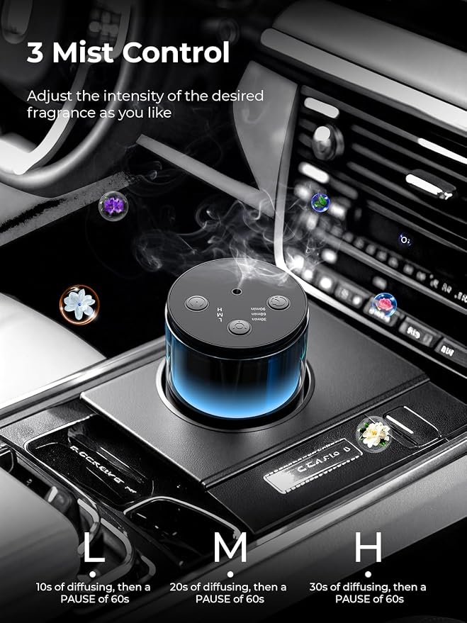 Waterless Essential Oil Diffuser: 𝟗-𝐂𝐨𝐥𝐨𝐫 𝐋𝐄𝐃 for Home | Portable Scent Diffuser - No Water No Heat For Pure Aroma - 48H Battery 3 Mist Levels & 4 Timers for Car Office