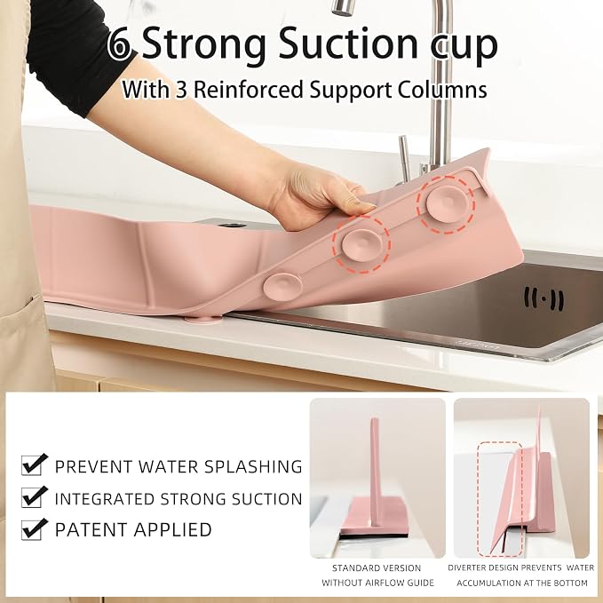 18" Upgraded Silicone Sink Splash Guard Released in 2026,Self-Draining Water Splash Guard for Kitchen Sink,Bathroom and Kitchen Island,with 3.5" High Splash Guard & 6 Strong Suction Cup (Pink)