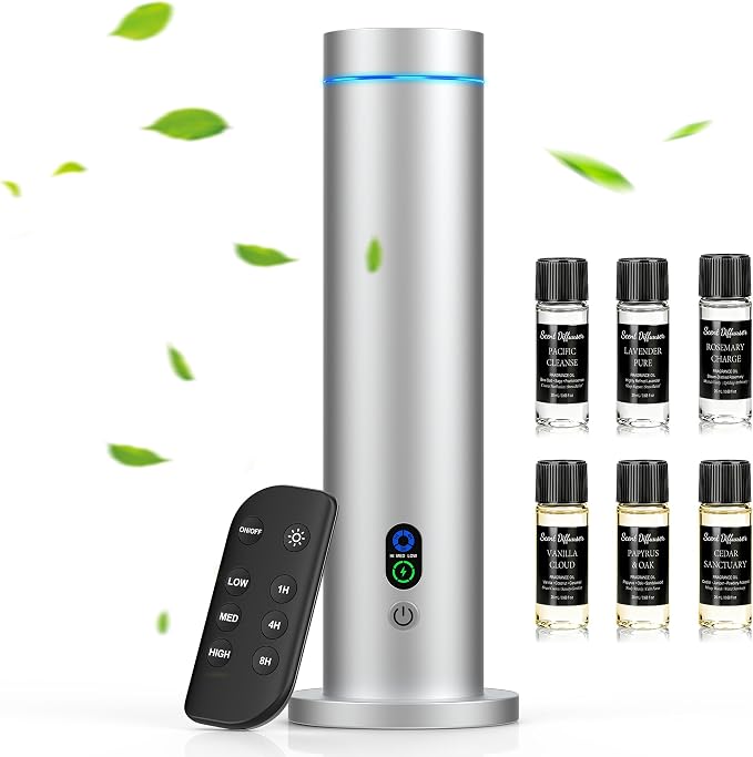 Waterless Diffuser, Essential Oil Diffuser, 1000 Sq.Ft Coverage Scent Diffuser – Plug-in Only, Adjustable Mist, Remote, Mood Lights for Home & Office, Large Room, Hotel, Silver